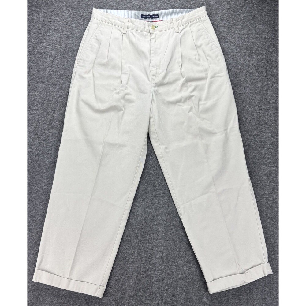 Tommy Hilfiger Mens Pants 36x29 Pleated Cuffed Chinos Khaki Beige 100% Cotton